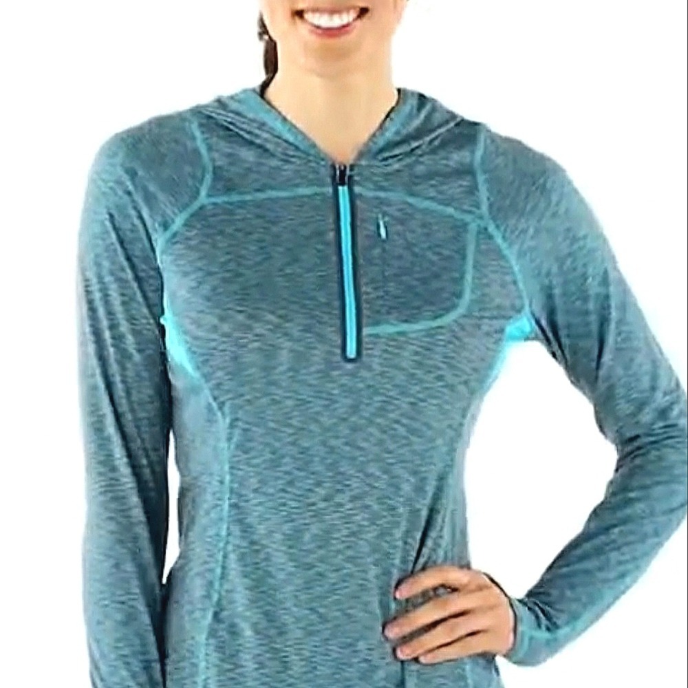 REI Co-op Venturi Hoodie 1/4 Zip Long Sleeve Womens Large Blue Green Stripe